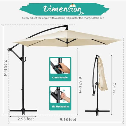 Shintenchi Patio Offset Umbrella with Easy Tilt Adjustment,Crank and Cross Base, Outdoor Cantilever Hanging Umbrella, Sunshade Umbrella Canopy, Cream White
