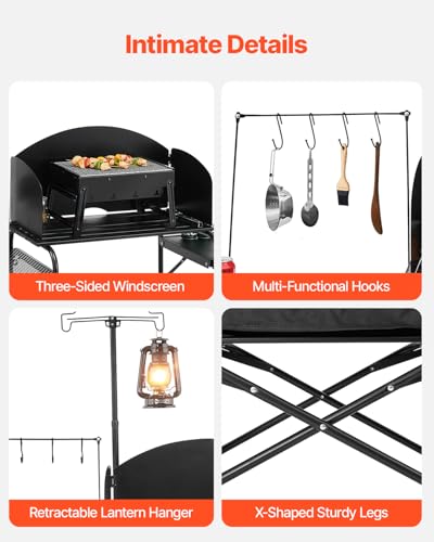 VEVOR Camping Kitchen Table, Outdoor Camp Cooking Table, Aluminum Portable Cook Station with Storage Cupboard, Carrying Bag, Detachable Windscreen, Quick Set-up for BBQ Party Picnic RV Travel, Black