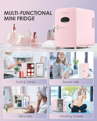 CUTIEWORLD Skincare Fridge - 4L Makeup Fridge for Refrigerating Makeup, Skincare and Food, Mini Fridge for Bedroom, Office and Car, Cooler and Warmer, Beverage Cooler, Leather Pink