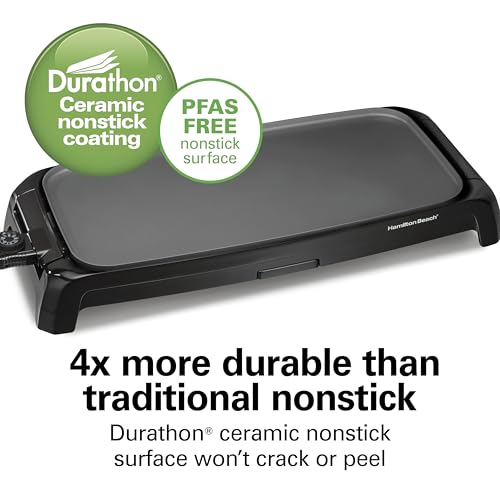 Hamilton Beach 200 Sq. In. Electric Griddle With Adjustable Temperature for 200 to 400 degrees, PTFE & PFOA Free Durathon Ceramic Reversible Nonstick Surface, Black (38522)