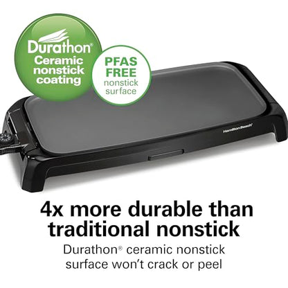 Hamilton Beach 200 Sq. In. Electric Griddle With Adjustable Temperature for 200 to 400 degrees, PTFE & PFOA Free Durathon Ceramic Reversible Nonstick Surface, Black (38522)
