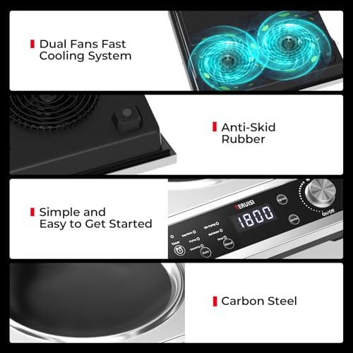 TERUISI Commercial Induction Cooktop, 1800W Electric Wok Cooker with Concave Surface, 4H Timer, 6 Preset, 8 Temp Levels, Portable Induction Burner for Kitchen Cooking, 12.6" Carbon Steel Wok Included