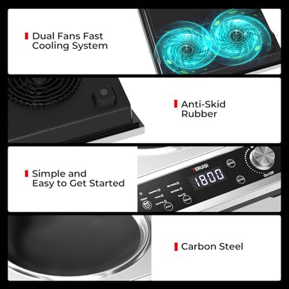 TERUISI Commercial Induction Cooktop, 1800W Electric Wok Cooker with Concave Surface, 4H Timer, 6 Preset, 8 Temp Levels, Portable Induction Burner for Kitchen Cooking, 12.6" Carbon Steel Wok Included