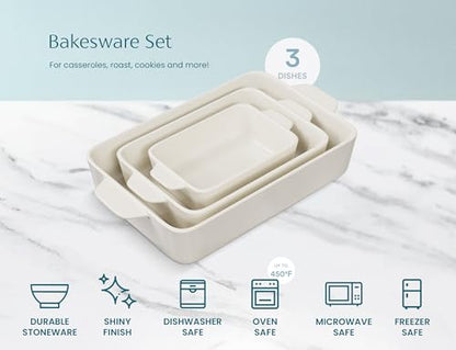 Kook Ceramic Bakeware Set, Rectangular Baking Dishes, For Casseroles, Lasagna, Cake, Small, Medium & Large Pans, Microwave & Dishwasher Safe, Set of 3, (Ivory)