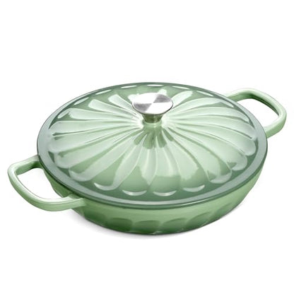 NSIRONS Enameled Cast Iron Dutch Oven, 3.8 Quart Dutch Oven Pot with Lid, Shallow Cast Iron Braiser with Handles, Oven Safe up to 500°F (Pistachio Green)