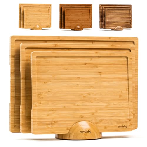 SMIRLY Wooden Cutting Boards For Kitchen - Bamboo Cutting Board Set with Holder, Wood Cutting Board Set, Cutting Board Wood, Wooden Chopping Board, Wooden Cutting Board Set