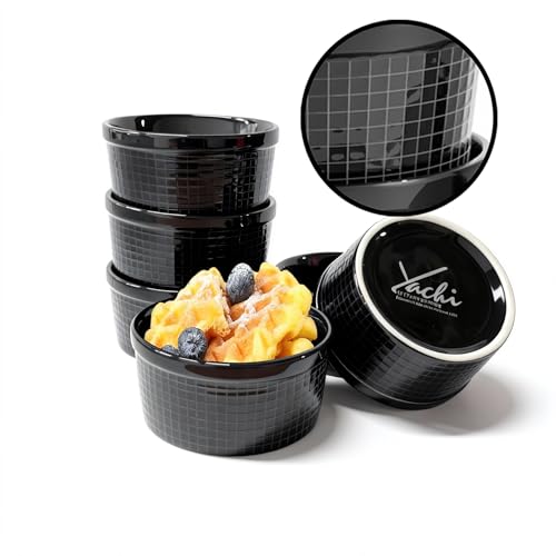 Yachi Black Ramekins 4oz 3.2 inch Set of 6, Oven Safe Dishwasher Safe, dessert bowls, Dipping sauce cups, Ceramic Creme Brulee, Baking Souffles Ceramic Ramekin