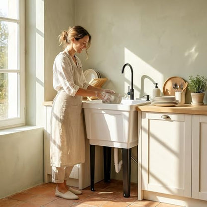 Outsunny 23-Gallon Utility Sink Laundry Tub for Washing Room, Freestanding Laundry Sink with Soap Dispenser, Faucet, Inlet and Drain Hoses, Portable Utility Tub for Indoor & Outdoor, White