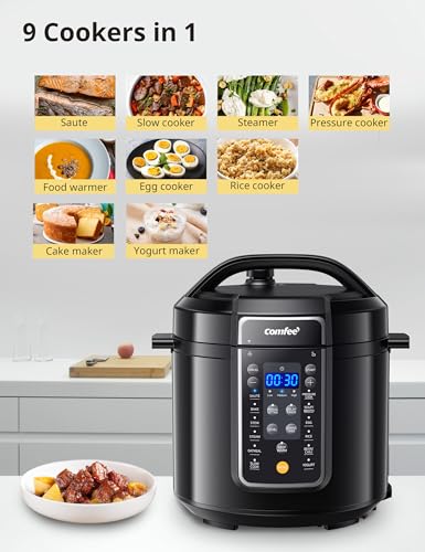 COMFEE’ 12-in-1 Electric Pressure Cooker, Instant Multi, Non-Stick Pot, Yogurt Maker, Rice Cooker, Slow, Sauté Steamer, Pressure Cooker 6 Quart Black