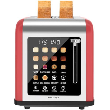 2 Slice Toaster Touch Screen, Stainless Steel Toasters Digital Timer 2 Slot Toasters, 8 Shade Settings 6 Bread Types for Bagel, Cancel, Defrost (Red)