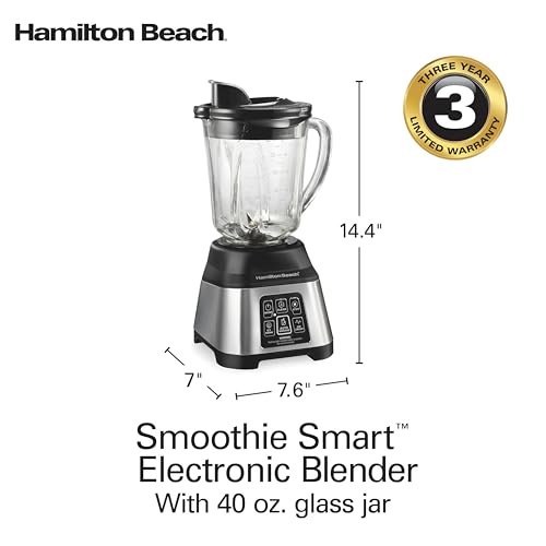 Hamilton Beach Blender for Smoothies with 5 Functions Including Auto Smoothie Cycle, Wave Action System for Ultra Smooth Results, 850 Watts, 40oz BPA Free Glass Jar, Stainless Steel (56208)