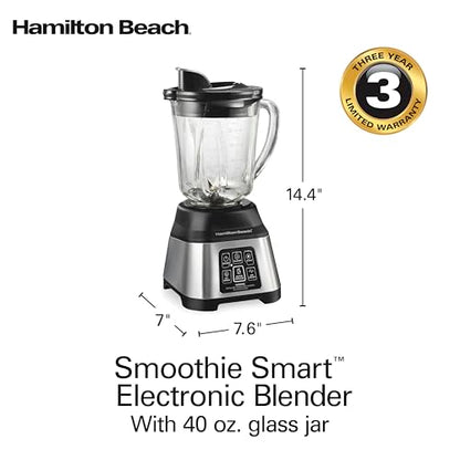 Hamilton Beach Blender for Smoothies with 5 Functions Including Auto Smoothie Cycle, Wave Action System for Ultra Smooth Results, 850 Watts, 40oz BPA Free Glass Jar, Stainless Steel (56208)