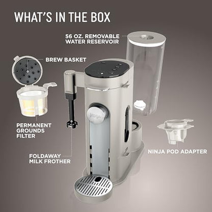 Ninja Pod and Grounds Specialty Single Serve Coffee Maker, K-Cup Pod Compatible, Brews, Compact Design, Built-in Milk Frother, 56 Ounces Reservoir, 6 Ounces Cup to 24 Ounces Mug Sizes, Stone, PB051ST