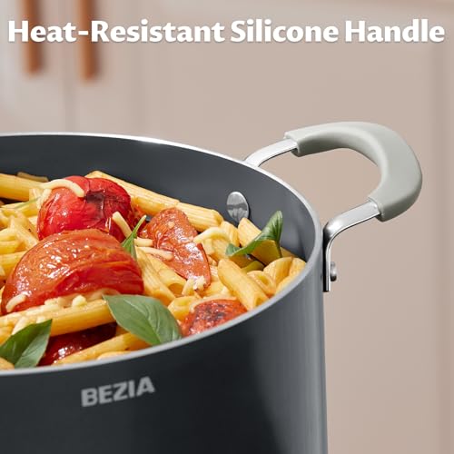 8 Quart Nonstick Stock Pot with Lid - BEZIA Ceramic Large Soup Pot for Family Cooking, Induction Ready, Stay-Cool Silicone Handles, Easy Cleanup, Perfect for Stews, Pasta & Batch Cooking
