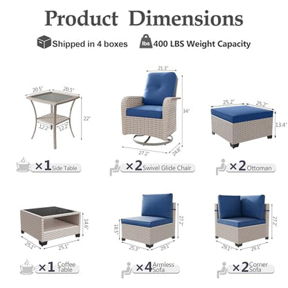 SnugVista Patio Furniture Set, 12-Piece Outdoor Sectional Sofa with Swivel Rocker Chairs & Ottomans, Wicker Patio Conversation Set with Coffee Table, Blue Cushions