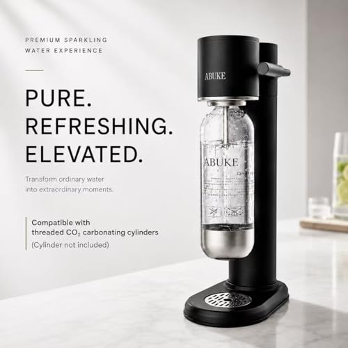 ABUKE Aluminum Sparkling Water Maker with Lever Handle, Metal Body & Nozzle, Compatible with Threaded CO2 Cylinders, Automatic Pressure Release, BPA-Free PET Bottle, 2-Year Warranty