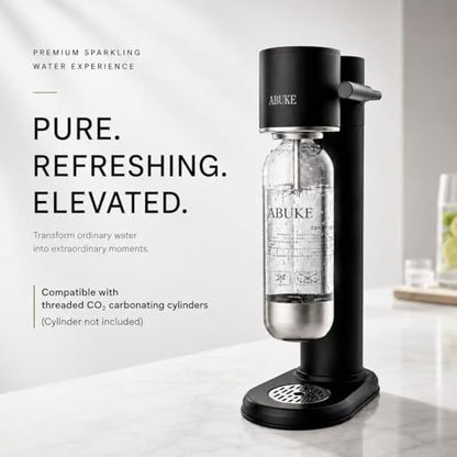 ABUKE Aluminum Sparkling Water Maker with Lever Handle, Metal Body & Nozzle, Compatible with Threaded CO2 Cylinders, Automatic Pressure Release, BPA-Free PET Bottle, 2-Year Warranty