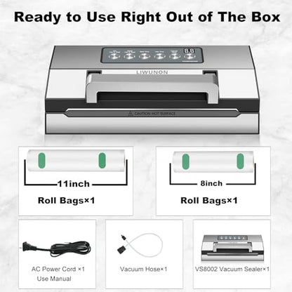 Upgraded Precision Fast-Vacuum Sealer, LIWUNON Commercial Full Automatic Food Vacuum Sealer Machine, Double Heat Seal, Built-in Cutter&Bag Storage, Powerful Food Vacuum Saver, 2 Bag Rolls&hose