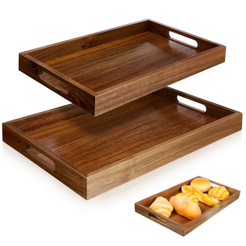 2 Pack Solid Acacia Wood Serving Trays with Handles, Rectangular Wooden Serving Platters, Decorative Servings Trays Set, Portable Ottoman Tray–Great for Lap &Couch, 16"+15"