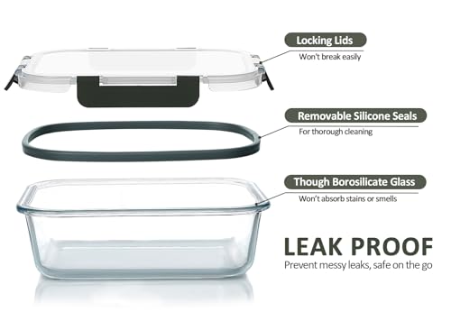 M MCIRCO [5-Packs, 36 Oz Glass Meal Prep Containers with Snap Locking Lids Glass Food Containers,Airtight Lunch Container,Microwave, Oven, Freezer and Dishwasher (4.5 Cup)