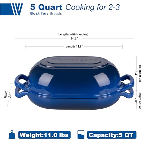VORRINGARD Enameled Cast Iron Sourdough Bread Oven, Dutch Oven, Loaf Cast Iron Bread Pan for Homemade Bread Baking, Meatloaf Pan with Lid, 5QT, Blue