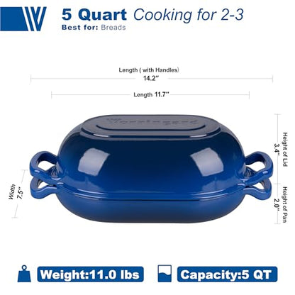 VORRINGARD Enameled Cast Iron Sourdough Bread Oven, Dutch Oven, Loaf Cast Iron Bread Pan for Homemade Bread Baking, Meatloaf Pan with Lid, 5QT, Blue
