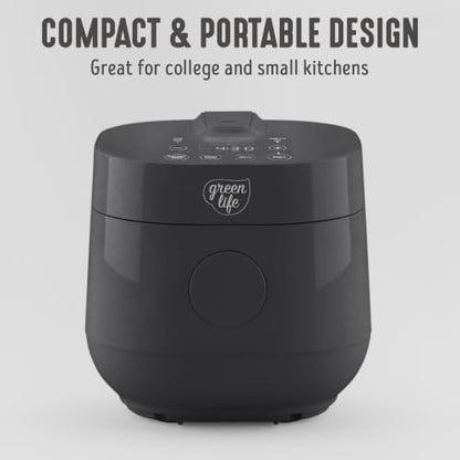 GreenLife Rice Cooker Digital 4-Cup (Cooked), Keep Warm, 4 Presets, Black