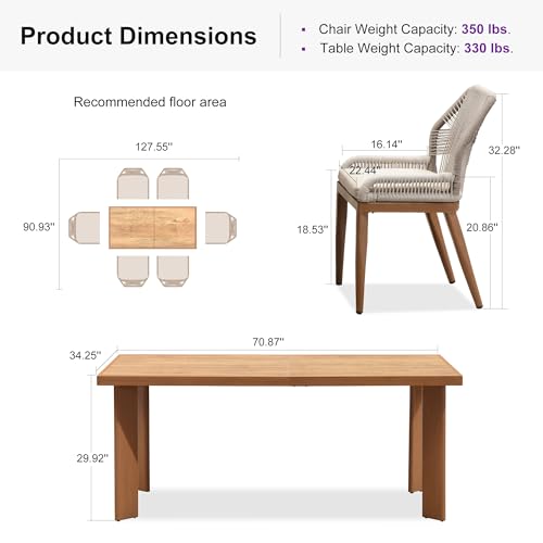 PURPLE LEAF 7 Pieces Dining Set Patio Metal Rectangular Table and Wicker Rattan Chairs for Outside Porch Garden Kitchen Modern Outdoor Furniture Sets