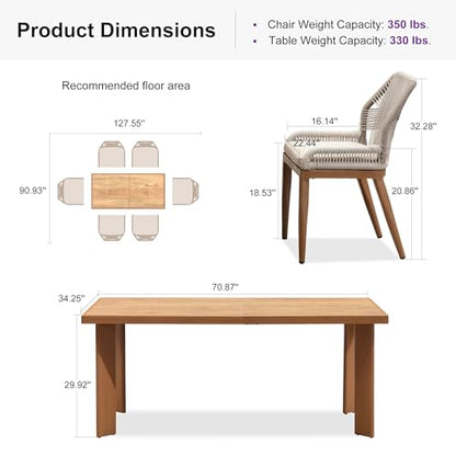 PURPLE LEAF 7 Pieces Dining Set Patio Metal Rectangular Table and Wicker Rattan Chairs for Outside Porch Garden Kitchen Modern Outdoor Furniture Sets