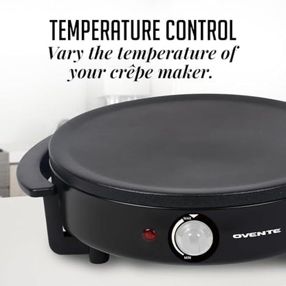 OVENTE 12-Inch Electric Crepe Maker & Griddle – Nonstick Hot Plate with Adjustable Temperature, LED Indicator, Batter Spreader & Spatula, Black CRM1122B