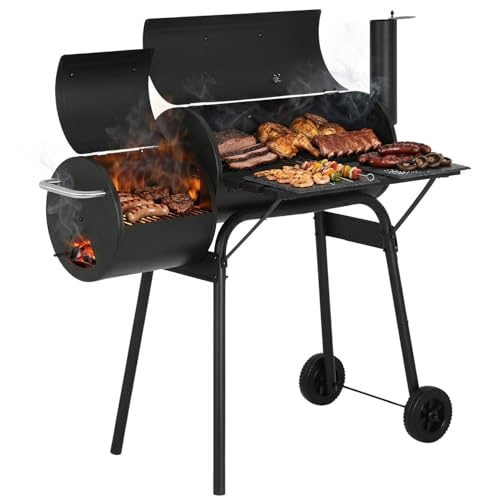 Dopinmin BBQ Charcoal Grill, Outdoor Heavy Duty Cooker oven Barbecue Grill with Offset Smoker & Thermometer, Wheels and Tray for Patio Balcony Picnics, Party and Camping