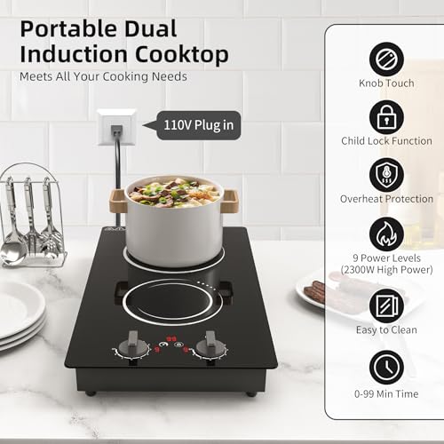 VBGK Double Induction Cooktop,110V 2300w 2 burnerinduction cooktop,2 burner Hot Plate Electric burner withLCD Touch Screen 9 Levels Settings Child Safety Lock &Timer