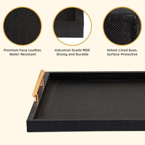 JUMBO HUMBLE Modern Elegant Large Wood Serving Tray, Set of 2 Black Crocodile Leather with Gold Polished Metal Handles, Home Decorative Rectangle Ottoman Decor Platter Living Room Bathroom Vanity Tray