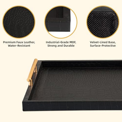 JUMBO HUMBLE Modern Elegant Large Wood Serving Tray, Set of 2 Black Crocodile Leather with Gold Polished Metal Handles, Home Decorative Rectangle Ottoman Decor Platter Living Room Bathroom Vanity Tray
