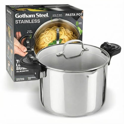 GOTHAM STEEL 8 Qt Nonstick Pasta Pot with Strainer Lid, Stainless Steel Stock Pot, Twist & Lock Handles, 2 Strainer Sizes, PFOA Free, for Soup & Spaghetti, Induction Ready, Oven & Dishwasher Safe