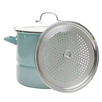Kenmore Broadway 16-Quart Stock Pot With Steamer Insert and Lid, Glacier Blue, Large Stainless Steel Cookware for Boiling, Steaming, and Soups
