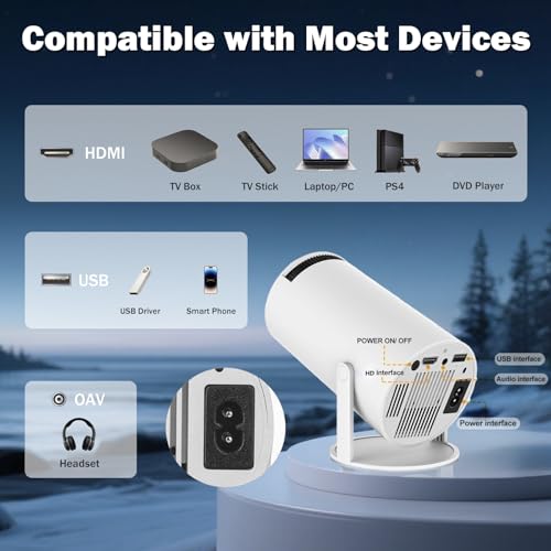 WellSonic Mini Projector Support 1080P, 200 Ansi Outdoor & Home Movie Portable Projector with Wifi6 and 5.0 Bluetooth, Automatic Keystone Correction, 180°Rotatable, Compatible with HDMI USB PC Laptop