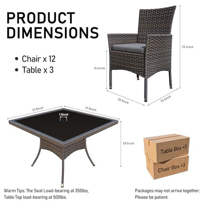 Trumbeak 15 Piece Outdoor Dining Set,Rattan Patio Conversation Set of 12 Chairs,Patio Dining Table and Chairs w/Cushions,Square Glass Tabletop,Umbrella Cutout for Patio,Grey