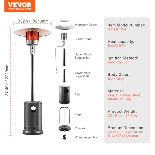 VEVOR 50000BTU Propane Patio Heater for Outdoor Use With Round Table Design, Metal Burner and Wheels - Tall Hammered Flame Heater for Party, Backyard, Garden, Silver Gray
