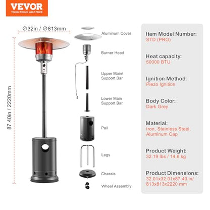 VEVOR 50000BTU Propane Patio Heater for Outdoor Use With Round Table Design, Metal Burner and Wheels - Tall Hammered Flame Heater for Party, Backyard, Garden, Silver Gray