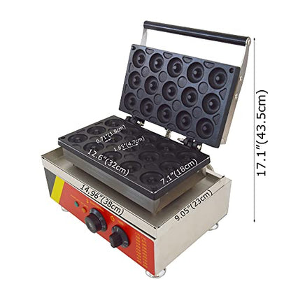 INTBUYING 15Pcs Mini Dount Maker Machine Commercial Electric Waffle Donut Machine 0℃-300℃ 1750W Double-Sided Heating Non-Stick Doughnut Baking Machine 1.85" Snack Maker 110V(1.85" 15 Dounts)