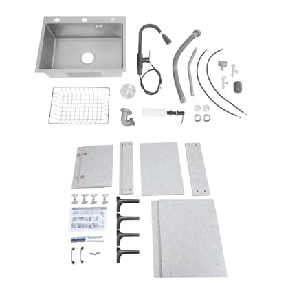 Freestanding Utility Sink, 30.71In Laundry Sink with Cabinet Indoor & Outdoor Utility Tub Pull-out Faucet&Gravity Ball&Drain Basket Heavy Duty for Laundry Garage Outdoor Kitchen Garden (Grey)