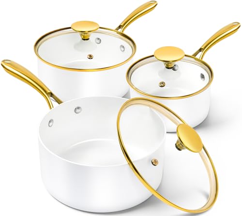 MICHELANGELO Sauce Pan with Lid, Nonstick Ceramic Saucepan Set-1Qt & 2Qt & 3Qt, Small Pots with Ergonomic Handle, Sauce Pans Sets Oven Safe, White