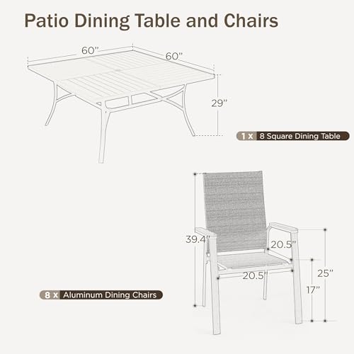 PHI VILLA 9 PCS Patio Dining Set, Aluminum Outdoor Furniture, Patio Table and Chairs for 8, Lightweight Stackable Chairs with Breathable Fabric and Large Square Metal Table for Garden Yard Deck, Blue