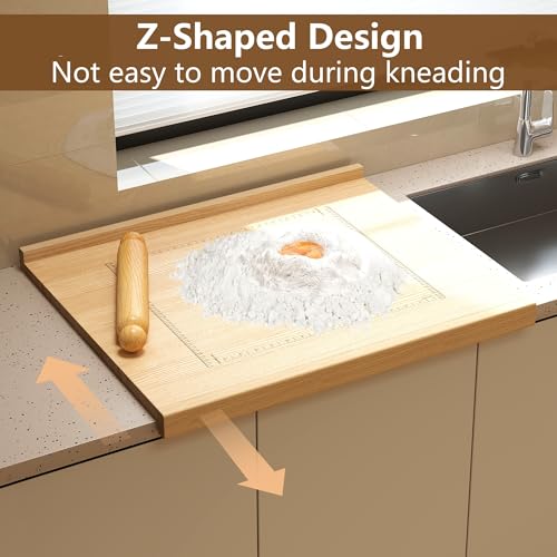 Qriocioa Reversible Wooden Pastry Board 24’’ x 20’’ Kneading Board for Rolling Dough Bread Cutting Board with Lip Pastry Baking Board with Engraved Ruler & Pie Board Template for Counter Top Kitchen