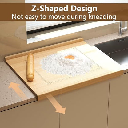 Qriocioa Reversible Wooden Pastry Board 24’’ x 20’’ Kneading Board for Rolling Dough Bread Cutting Board with Lip Pastry Baking Board with Engraved Ruler & Pie Board Template for Counter Top Kitchen