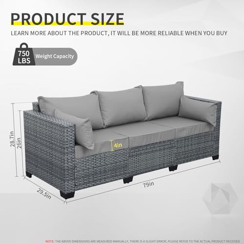Lviden Wicker Patio Couch Outdoor 3-seat Sofa with All-Weather Rattan Deep Seater Outdoor Couch with Anti-Slip Cushions and Furniture Cover, Light Grey