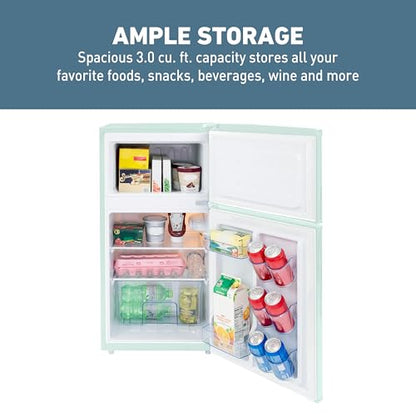 West Bend Mini Fridge with Freezer for Bedroom, Office, Bar or Dorm Room, Retro Compact Refrigerator features Glass Shelves, Manual Defrost and Adjustable Temperature Control, 3.1-Cu.Ft., Green