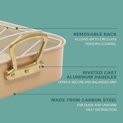 Gibson Home Broxton 2-Piece Nonstick Roaster Pan with Rack – 16 x 12 Inch Apricot Turkey Roasting Pan with Cast Aluminum Gold Handles – Oven-Safe, Easy-Clean, Holiday Cookware