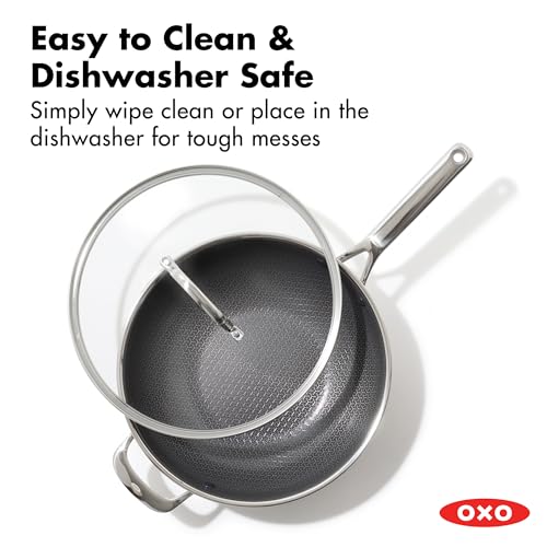 OXO Hybrid 12” Nonstick Wok with Glass Lid, PFAS-Free Ceramic Stir-Fry Pan, Induction & All Cooktop Compatible, Dishwasher Safe, Fusion Boost Tech for Powerful Searing, Mirror Polished Tri-Ply